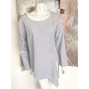Theory Blue White Striped Asymmetric Hem Double Slit Tunic Blouse Top Medium